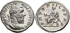 Roman Imperial Macrinus, 217-218. Denarius (Silver, 19 mm, 3.00 g, 6 h), Rome, circa March-June 218. IMP C M OPEL SEV MACRINVS AVG Laureate and cuirassed bust of Macrinus to right. Rev. P M TR P II CO