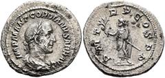 Roman Imperial Gordian I, 238. Denarius (Silver, 21 mm, 2.52 g, 6 h), Rome, March-April 238. IMP M ANT GORDIANVS AFR AVG Laureate, draped and cuirassed bust of Gordian I to right, seen from behind. Re