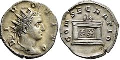 Roman Imperial Trajan Decius (?), 249-251. Antoninianus (Silver, 20 mm, 3.09 g, 1 h), commemorative issue for Divus Titus (died 81), Rome, 251. DIVO TITO Radiate head of Divus Titus to right. Rev. CON