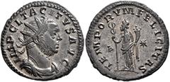 Roman Imperial Tacitus, 275-276. Antoninianus (Silvered bronze, 22 mm, 4.03 g, 12 h), Lugdunum, March-April 276. IMP CL TACITVS AVG Radiate, draped and cuirassed bust of Tacitus to right. Rev. TEMPORV