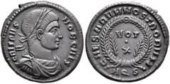 Roman Imperial Crispus, Caesar, 316-326. Follis (Bronze, 20 mm, 2.55 g, 12 h), Aquileia, 322. CRISPVS NOB CAES Laureate, draped and cuirassed bust of Crispus to right. Rev. CAESARVM NOSTRORVM / AQS ar