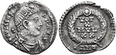 Roman Imperial Valens, 364-378. Siliqua (Silver, 18 mm, 2.07 g, 12 h), Antiochia, 367-375. D N VALENS P F AVG Pearl-diademed, draped and cuirassed bust of Valens to right. Rev. VOT / X / MVLT / XX in 