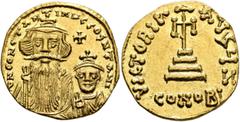 Byzantine Constans II, with Constantine IV, 641-668. Solidus (Gold, 19 mm, 4.32 g, 6 h), Constantinopolis, circa 654-659. δ N CONSTANTINЧS C CONSTA Crowned and draped bust of Constans II facing, with 