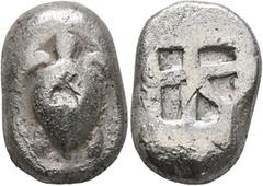Greek ISLANDS OFF ATTICA, Aegina. Circa 500/490-480 BC. Stater (Silver, 21 mm, 11.90 g, 6 h). Sea turtle seen from above, head in profile, with thick collar and row of dots down its back. Rev. Square 