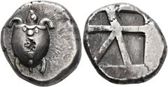 Greek ISLANDS OFF ATTICA, Aegina. Circa 480-457 BC. Stater (Silver, 21 mm, 12.39 g). Sea turtle seen from above, head in profile, with thick collar and row of dots down its back. Rev. Square incuse wi