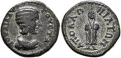 The Plankenhorn Collection: Mysia MYSIA. Apollonia ad Rhyndacum. Julia Domna, Augusta, 193-217. Assarion (Bronze, 19 mm, 4.32 g, 6 h). IOYΛΙΑ ΑΥΓΟΥCTA Draped bust of Julia Domna to right. Rev. ΑΠΟΛΛΩΝ