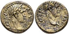 The Plankenhorn Collection: Mysia MYSIA. Germe. Titus & Domitian, as Caesars, 69-79 and 69-81. Hemiassarion (Orichalcum, 15 mm, 3.58 g, 12 h). AYTO KAI CЄBAC Laureate head of Titus to right; in field 