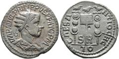 Roman Provincial PISIDIA. Antiochia. Philip I, 244-249. 'Dupondius' (Bronze, 26 mm, 11.22 g, 7 h), 244. IMP N IVL PHILIPPVS P F AVG P M Radiate, draped and cuirassed bust of Philip I to right (with fe