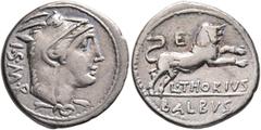 Roman Republican & Imperatorial L. Thorius Balbus, 105 BC. Denarius (Silver, 19 mm, 3.82 g, 6 h), Rome. I•S•M•R Head of Juno Sospita to right, wearing goat's skin headdress. Rev. L•THORIVS / BALBVS Bu