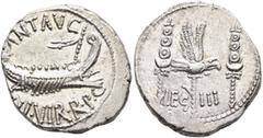 Roman Republican & Imperatorial Mark Antony, 44-30 BC. Denarius (Silver, 19 mm, 3.70 g, 2 h), military mint moving with Mark Antony (Patrae?), 32-31. ANT AVG - III•VIR•R•P•C Galley right, with scepter