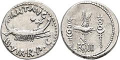 Roman Republican & Imperatorial Mark Antony, 44-30 BC. Denarius (Silver, 18 mm, 3.94 g, 6 h), military mint moving with Mark Antony (Patrae?), 32-31 BC. ANT•AVG - III•VIR•R•P•C Galley right, with scep