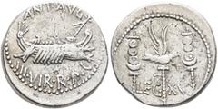 Roman Republican & Imperatorial Mark Antony, 44-30 BC. Denarius (Silver, 18 mm, 3.84 g, 6 h), military mint moving with Mark Antony (Patrae?), 32-31. ANT•AVG - III•VIR•R•P•C Galley right, with scepter
