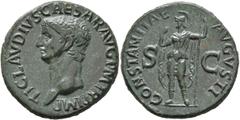 Roman Imperial Claudius, 41-54. As (Copper, 29 mm, 11.81 g, 6 h), Rome, 41-42. TI CLAVDIVS CAESAR AVG P M TR P IMP Bare head of Claudius to left. Rev. CONSTANTIAE AVGVSTI / S - C Constantia, helmeted 