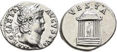 Roman Imperial Nero, 54-68. Denarius (Silver, 16 mm, 3.32 g, 7 h), Rome, circa 65-66. NERO CAESAR AVGVSTVS Laureate head of Nero to right. Rev. VESTA The Temple of Vesta: statue of Vesta seated facing