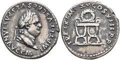Roman Imperial Titus, 79-81. Denarius (Silver, 17 mm, 3.16 g, 7 h), Rome, January-June 80. IMP TITVS CAES VESPASIAN AVG P M Laureate head of Titus to right. Rev. TR P IX IMP XV COS XVIII P P Curule ch