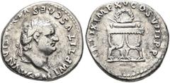 Roman Imperial Titus, 79-81. Denarius (Silver, 16 mm, 3.23 g, 6 h), Rome, January-June 80. IMP TITVS CAES VES[PA]SIAN AVG P M Laureate head of Titus to right. Rev. TR P IX IMP XV COS XVIII P P Curule 
