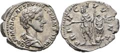Roman Imperial Commodus, as Caesar, 166-177. Denarius (Silver, 19 mm, 3.42 g, 12 h), Rome, 175-176. COMMODO CAES AVG FIL GERM SARM Bare-headed and draped bust of Commodus to right, seen from behind. R
