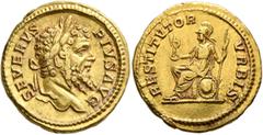 Roman Imperial Septimius Severus, 193-211. Aureus (Gold, 21 mm, 7.23 g, 7 h), Rome, 206-early 208. SEVERVS PIVS AVG Laureate head of Septimius Severus to right. Rev. RESTITVTOR VRBIS Roma seated left 