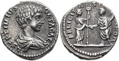 Roman Imperial Geta, as Caesar, 198-209. Denarius (Silver, 16 mm, 3.59 g, 7 h), Laodicea ad Mare, 198-200. L SEPTIMIVS GETA CAES Bare-headed and draped bust of Geta to right, seen from behind. Rev. FE