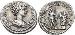 Roman Imperial Geta, as Caesar, 198-209. Denarius (Silver, 18 mm, 3.34 g, 7 h), Rome, 201-202. P SEPT GETA CAES PONT Bare-headed and draped bust of Geta to right, seen from behind. Rev. PRINC IVVENTVT