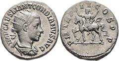 Roman Imperial Gordian III, 238-244. Antoninianus (Silver, 21 mm, 4.66 g, 6 h), Antiochia, 239. IMP CAES M ANT GORDIANVS AVG Radiate, draped and cuirassed bust of Gordian III to right, seen from behin