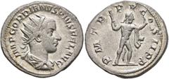 Roman Imperial Gordian III, 238-244. Antoninianus (Silver, 21 mm, 4.25 g, 1 h), Antiochia, 242-243. IMP GORDIANVS PIVS FEL AVG Radiate, draped and cuirassed bust of Gordian III to right, seen from beh