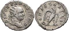 Roman Imperial Trajan Decius (?), 249-251. Antoninianus (Silver, 22 mm, 3.62 g, 7 h), commemorative issue for Divus Vespasian (died 79), Rome, 251. DIVO VESPASIANO Radiate head of Divus Vespasian to r
