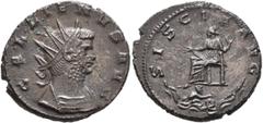 Roman Imperial Gallienus, 253-268. Antoninianus (Bronze, 21 mm, 4.26 g, 6 h), Siscia, 264-265. GALLIENVS AVG Radiate and cuirassed bust of Gallienus to right. Rev. SISCIA AVG Siscia seated left, holdi