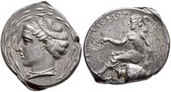 Greek BRUTTIUM. Terina. Circa 440-425 BC. Didrachm or Nomos (Silver, 23 mm, 7.65 g, 5 h). Head of the nymph Terina to left, wearing ampyx and pearl necklace with pendant; all within laurel wreath. Rev