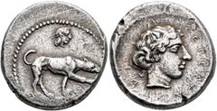 Greek SICILY. Segesta. Circa 412/10-400 BC. Didrachm (Silver, 21 mm, 8.39 g, 7 h). The river-god Krimisos, in the form of a hunting dog, standing right, on the scent; above, diademed small head of the