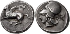 Greek CORINTHIA. Corinth. Circa 400-375 BC. Stater (Silver, 18 mm, 8.59 g, 12 h). Pegasos flying left; below, Ϙ. Rev. Head of Athena to left, wearing Corinthian helmet; behind neck guard, palmette. BC
