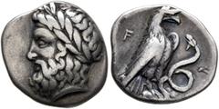 Greek ELIS. Olympia. 111th Olympiad, 336 BC. Hemidrachm (Silver, 15 mm, 2.67 g, 5 h). Laureate head of Zeus to left. Rev. F - A Eagle, with closed wings, standing right on the tail of a snake, coiling