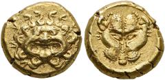 Greek LESBOS. Uncertain mint. Circa 478-428/7 BC. Hekte (Electrum, 9 mm, 2.61 g, 11 h). Facing gorgoneion with protruding tongue. Rev. Confronted heads of two panthers, giving the impression of a sing