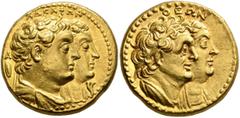 Greek PTOLEMAIC KINGS OF EGYPT. Ptolemy II Philadelphos, with Arsinöe II, Ptolemy I, and Berenike I, 285-246 BC. Half Mnaieion or Tetradrachm (Gold, 20 mm, 14.00 g, 12 h), Alexandria, circa 272-261/0.