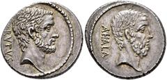 Roman Republican & Imperatorial M. Junius Brutus, 54 BC. Denarius (Silver, 18 mm, 4.14 g, 7 h), Rome. BRVTVS Bearded head of L. Junius Brutus to right. Rev. AHALA Bearded head of C. Servilius Ahala to