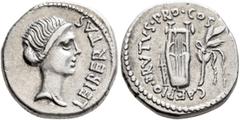 Roman Republican & Imperatorial Brutus, 43-42 BC. Denarius (Silver, 17 mm, 3.81 g, 6 h), mint moving with Brutus in Lycia, spring-early summer 42. LEIBERTAS Head of Libertas to right. Rev. CAEPIO•BRVT