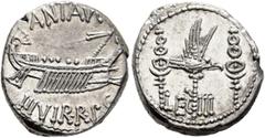 Roman Republican & Imperatorial Mark Antony, 44-30 BC. Denarius (Silver, 16 mm, 3.77 g, 6 h), military mint moving with Mark Antony (Patrae?), 32-31. ANT AVG - III VIR•R•P•C Galley right, with scepter