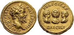 Roman Imperial Septimius Severus, with Julia Domna, Caracalla, and Geta, 193-211. Aureus (Gold, 20 mm, 7.19 g, 6 h), Rome, 201. SEVERVS PIVS AVG P M TR P VIIII Laureate head of Septimius Severus to ri