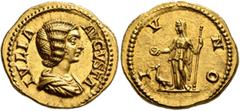 Roman Imperial Julia Domna, Augusta, 193-217. Aureus (Gold, 20 mm, 7.35 g, 12 h), Rome, 206. IVLIA AVGVSTA Draped bust of Julia Domna to right. Rev. IVNO Juno, veiled, standing front, head to left, ho