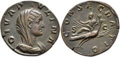Roman Imperial Diva Paulina, died before 235. Sestertius (Orichalcum, 30 mm, 18.66 g, 12 h), Rome, 236. DIVA PAVLINA Veiled and draped bust of Diva Paulina to right. Rev. CONSECRATIO / S - C Diva Paul