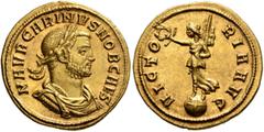 Roman Imperial Carinus, as Caesar, 282-283. Aureus (Gold, 19 mm, 4.58 g, 6 h), Siscia, 282. M AVR CARINVS NOB CAES Laureate, draped and cuirassed bust of Carinus to right. Rev. VICTORIA AVG Victory st