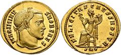 Roman Imperial Maximinus II, as Caesar, 305-309. Aureus (Gold, 21 mm, 5.29 g, 7 h), Ticinum, 305-306. MAXMINV-S NOB CAES Laureate head of Maximinus II to right. Rev. FELICITAS CAESS NOSTR / SMT Felici