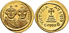 Byzantine Heraclius, with Heraclius Constantine, 610-641. Solidus (Gold, 20 mm, 4.45 g, 6 h), Constantinopolis, circa 625-629. dd NN hERACLIЧS ET hERA CONST P P AV Crowned, draped and short-bearded bu