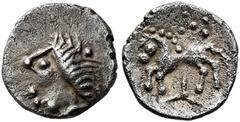 Celtic CENTRAL EUROPE. Vindelici. 1st century BC. 1/4 Quinar (Silver, 10 mm, 0.45 g, 12 h), 'Manching II' type. Celticized male head with spiky hair to left. Rev. Celticized horse galloping to left; a