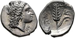Greek LUCANIA. Metapontion. Circa 325-275 BC. Triobol (Silver, 13 mm, 1.28 g, 6 h). Head of Demeter to right, wearing wreath of grain ears, triple pendant earring and pearl necklace. Rev. META Ear of 
