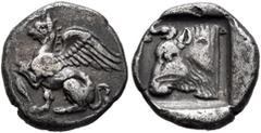 Greek THRACE. Abdera. Circa 411/0-386/5 BC. Triobol (Silver, 13 mm, 1.68 g, 12 h). Griffin seated left, with left forepaw raising; before, grain of barley . Rev. [A]BΔH Head of a bull to left; all wit