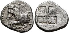 Greek THRACE. Maroneia. Circa 495/90-449/8 BC. Triobol (Silver, 12 mm, 1.77 g). Forepart of a horse to left. Rev. Quadripartite incuse square. HGC 3.2, 1521 corr. (no obverse legend). May, Maroneia, 4