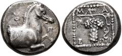 Greek THRACE. Maroneia. Circa 398/7-386/5 BC. Triobol (Silver, 14 mm, 2.78 g, 12 h), Molpo..., magistrate. Forepart of a horse to right; to left, monogram of MΟΛ; to right, Π; below, [O]. Rev. M-A / Ε