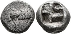 Greek THRACO-MACEDONIAN REGION. Uncertain. Circa 500-480 BC. Triobol (Silver, 10 mm, 1.82 g, 1 h). Bull standing right, head to left. Rev. Quadripartite incuse square. CNG 106 (2017), lot 113 (same di