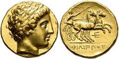 Greek KINGS OF MACEDON. Philip II, 359-336 BC. Stater (Gold, 18 mm, 8.59 g, 4 h), Pella, struck under Philip II or Alexander III, circa 340/36-328. Laureate head of Apollo to right. Rev. ΦΙΛΙΠΠOY Char